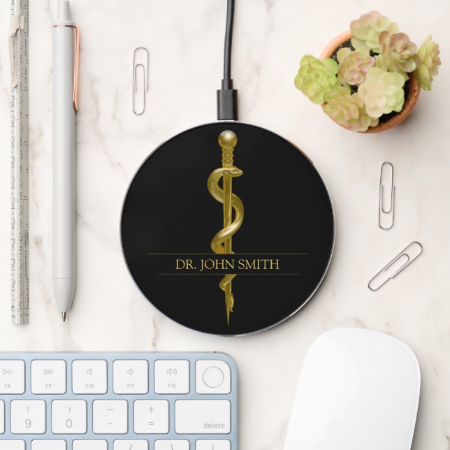Medical Gold on Black Classy Rod of Asclepius Wireless Charger (Desk)