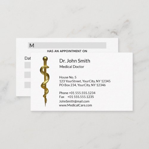 Medical Gold on White Classy Rod of Asclepius Appointment Card