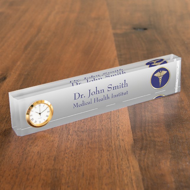 Medical Gold Professional Caduceus Blue Desk Name Plate (Side)