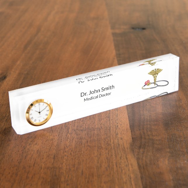 Medical Gold Stethoscope & Caduceus with Heart Desk Name Plate (Side)