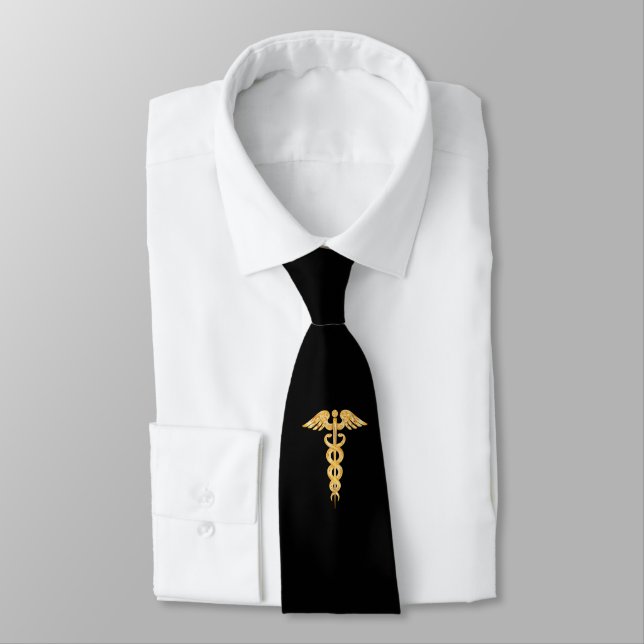 Medical Golden Caduceus on Black Neck Tie (Tied)