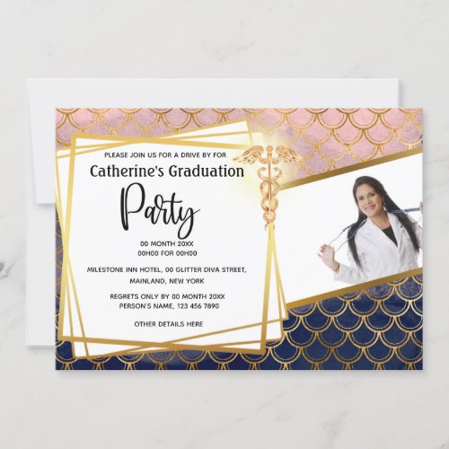 Medical grad pink navy scallop geometric caduceus invitation