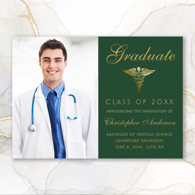 Medical Green Gold Caduceus Photo Graduation Announcement (Medical Green Gold Script Photo College Graduation Announcement)