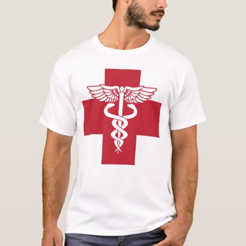 Medical Health Care Red Cross with Caduceus Symbol T_Shirt