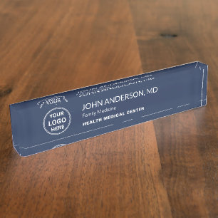 Medical Healthcare Clinic Doctor Custom Logo Navy Desk Name Plate