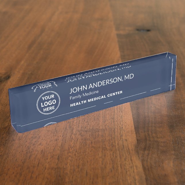 Medical Healthcare Clinic Doctor Custom Logo Navy Desk Name Plate (Side)