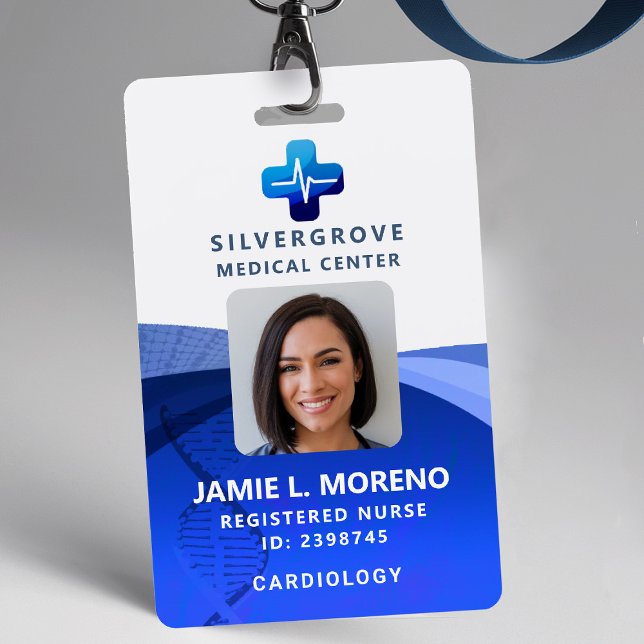 Medical Healthcare Logo DNA Blue Photo Nurse ID Badge (nurse id badge custom hospital clinic medical center office clinic cross blue logo dna photo qr code)