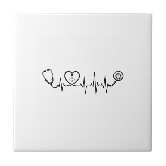 Medical Heartbeat Stethoscope Vector Shirt Design_ Ceramic Tile (Front)
