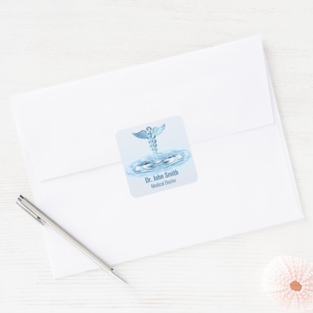 Medical Hermes Rod Caduceus Water Ripples Blue Square Sticker (Envelope)