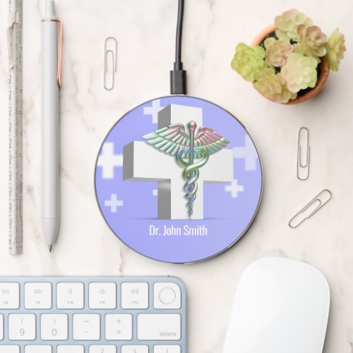 Medical Holographic 3D Caduceus White Cross Wireless Charger