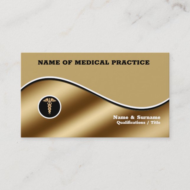 Medical hospital black gold chic caduceus stylish business card (Front)