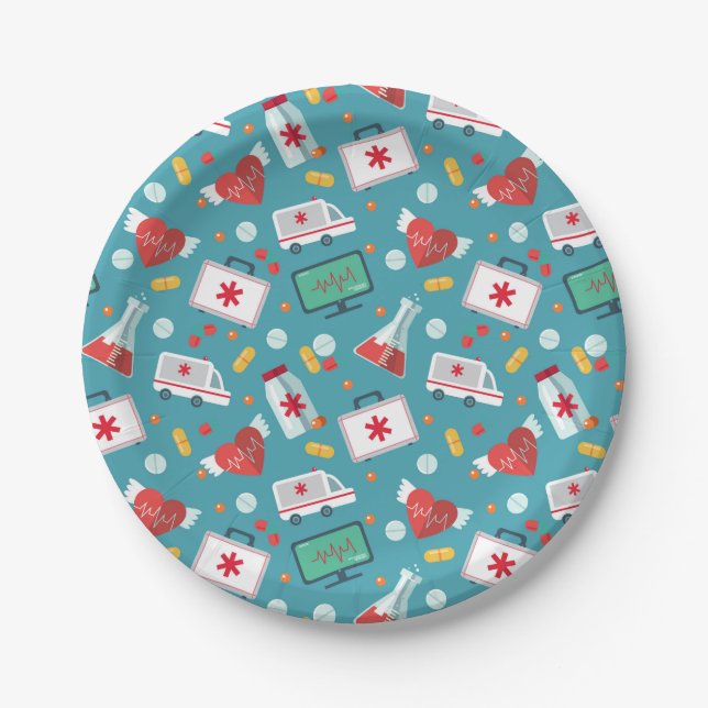 Medical Icon Pattern Paper Plates (Front)