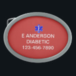 Medical Identification Emergency Information Alert Oval Belt Buckle<br><div class="desc">Add your name, medical condition , medication and an emergency tel. number as required to this attractive personal accessory item which will is easily identified as containing important medical information due to the medical symbol, colors red, blue and white and clear bold text. Items in this range include smartphone cases,...</div>