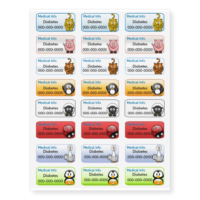 Medical Info Cute Animals Temporary Tattoos (Front)