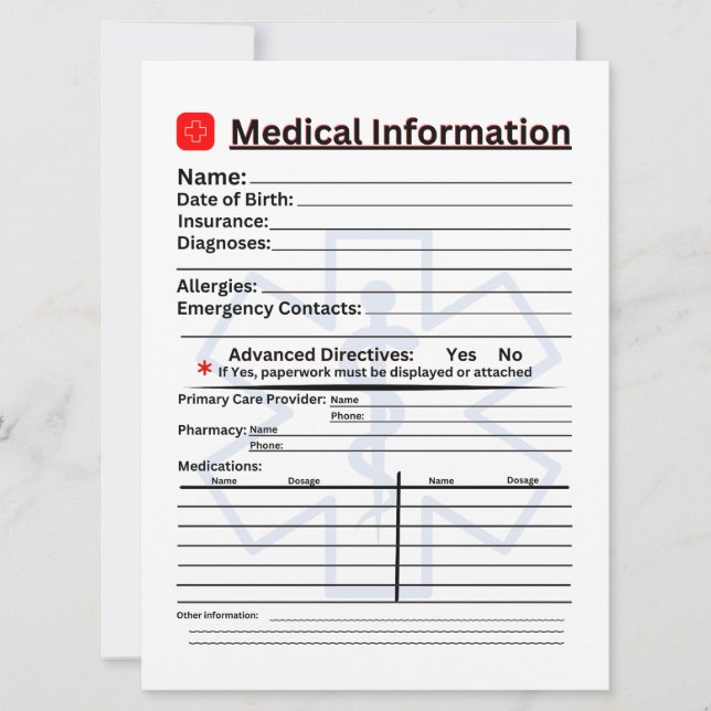 Medical Information Emergency Refrigerator Invitation (Front)