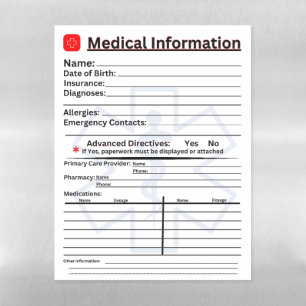 Medical Information Emergency Refrigerator Magnetic Dry Erase Sheet