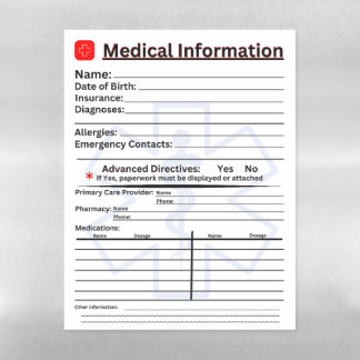 Medical Information Emergency Refrigerator Magnetic Dry Erase Sheet