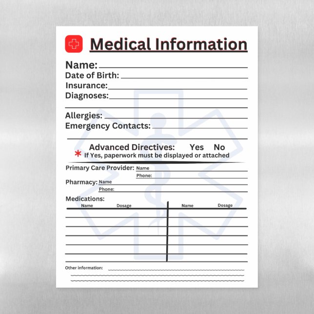 Medical Information Emergency Refrigerator Magnetic Dry Erase Sheet (Vertical)