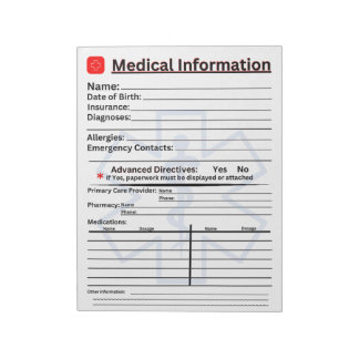 Medical Information Emergency Refrigerator Notepad