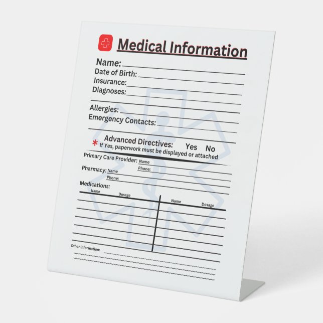 Medical Information Emergency Refrigerator Pedestal Sign (Front)