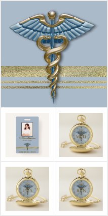 Medical Light Blue Caduceus Faux Gold Foil Stripes
