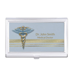 Medical Light Blue Caduceus Faux Gold Foil Stripes Business Card Case