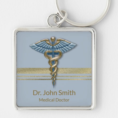 Medical Light Blue Caduceus Faux Gold Foil Stripes Keychain