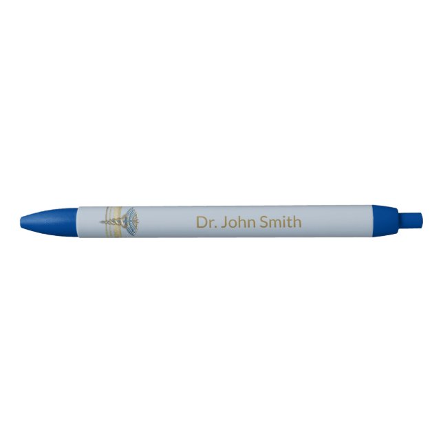 Medical Light Blue Caduceus Faux Gold Foil Stripes Pen (Front)
