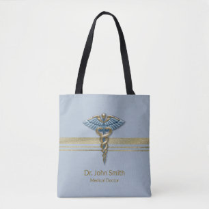 Medical Light Blue Caduceus Faux Gold Foil Stripes Tote Bag