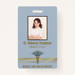 Medical Light Blue Caduceus Gold Foil Stripes ID Badge