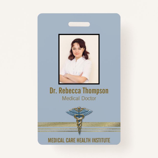 Medical Light Blue Caduceus Gold Foil Stripes ID Badge (Front)