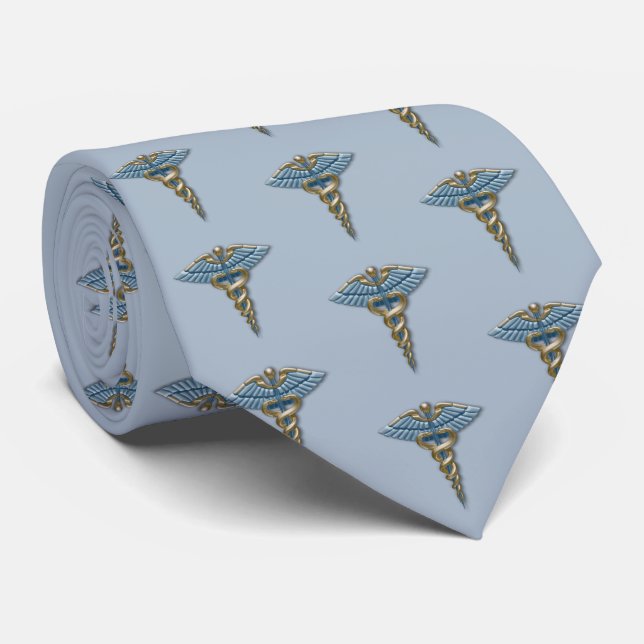 Medical Light Blue Caduceus Gold Pattern Neck Tie (Rolled)