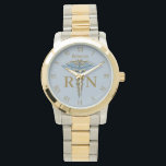 Medical Light Blue Caduceus Registered Nurse RN Watch<br><div class="desc">Professional medical watch featuring elegant clean gold and light blue caduceus with R and N letters for "registered nurse". Perfect for any business company related to healthcare industry: medical practice, medical office, doctor office, pharmaceutical industry, drugstore, clinic and hospital. For hospital staff, clinic employees, physicians, registered nurses; classy, noble, elegant...</div>