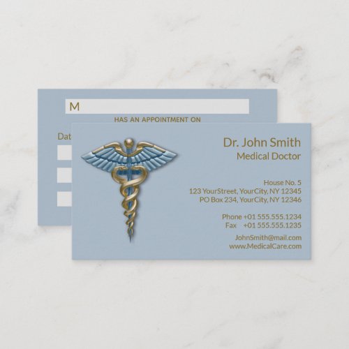 Medical Light Blue Gold Caduceus Fine Professional Appointment Card