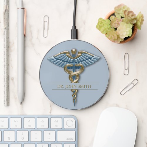 Medical Light Blue Gold Caduceus Noble Wireless Charger