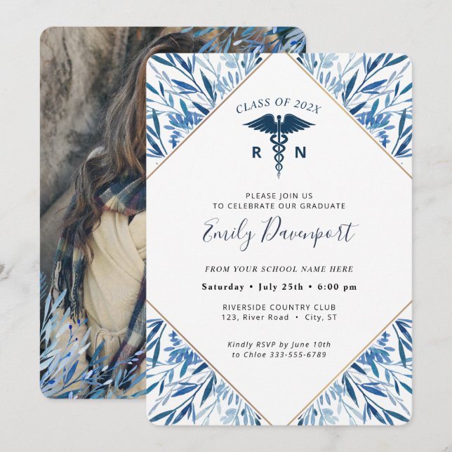 Medical Logo Blue Graduation Invitation Greenery (Front/Back)