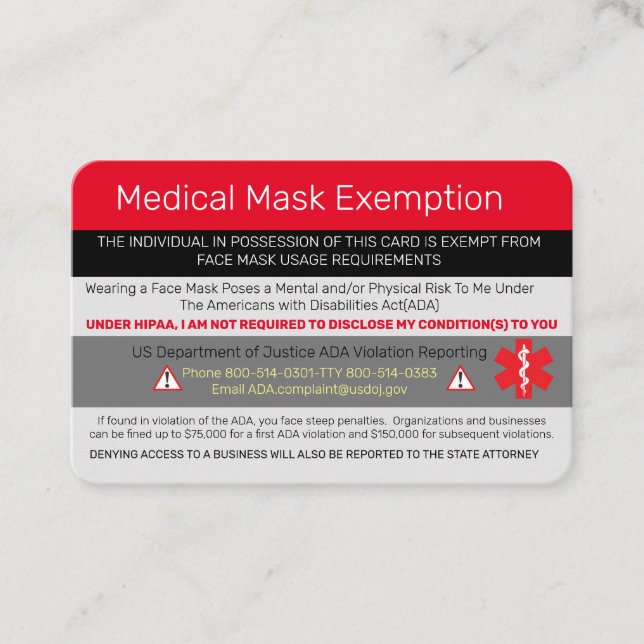 Medical Mask Exemption Business Card (Front)