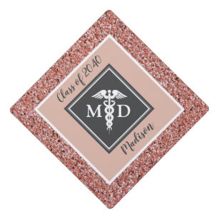 Medical MD Doctor Rose Gold Glitter Personalized Graduation Cap Topper
