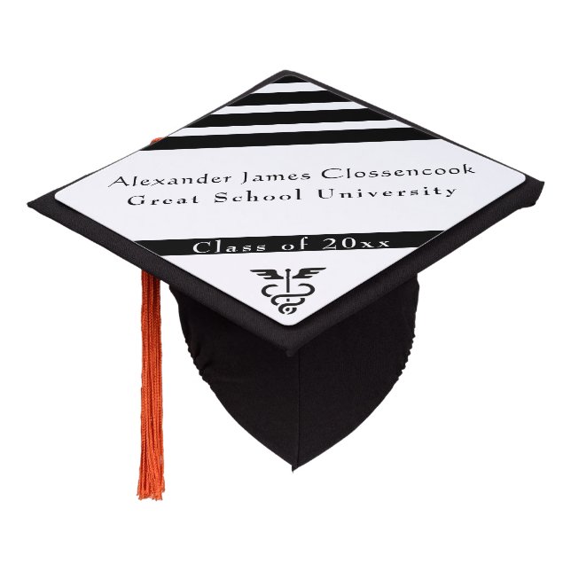 Medical Minimal Modern Black White graduation cap (Angled)