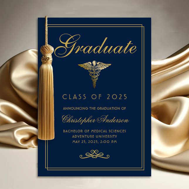 Medical Navy Blue Gold Caduceus College Graduation Announcement (Medical Navy Blue Gold Caduceus College Graduation Announcement)