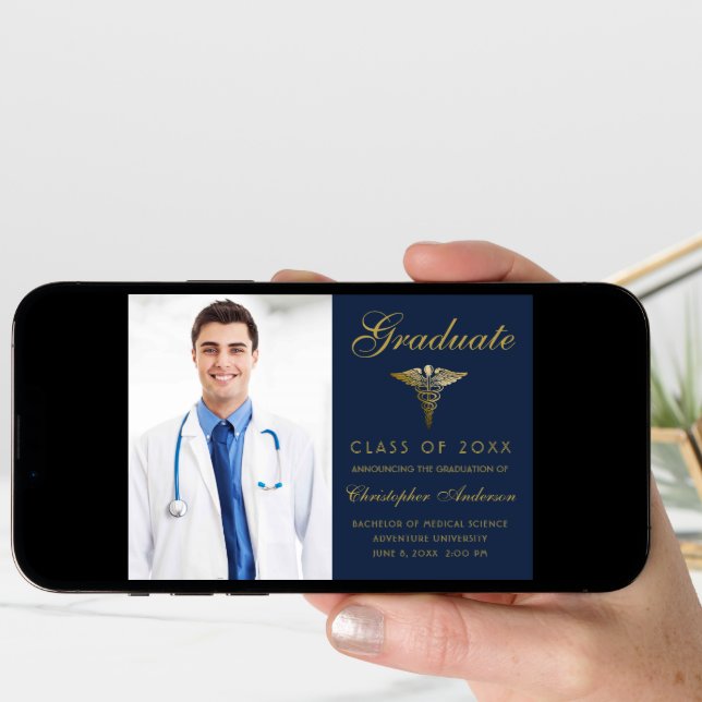 Medical Navy Blue Gold Caduceus Photo Graduation Announcement (Front Digital)