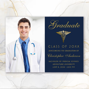 Medical Navy Blue Gold Caduceus Photo Graduation Announcement