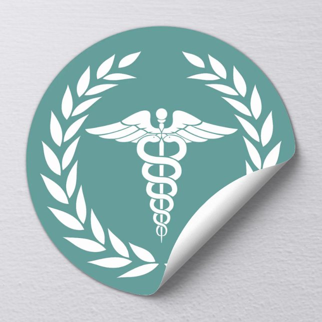 Medical Nursing Caduceus Symbol Teal Classic Round Sticker (Creator Uploaded)