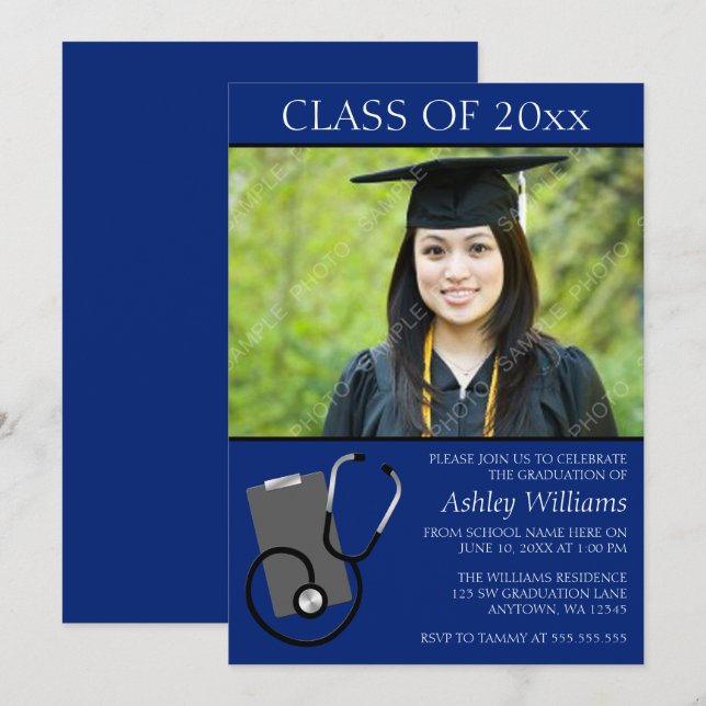 Medical Nursing School Blue Photo Graduation Invitation (Front/Back)