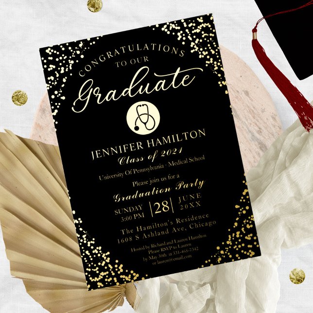 Medical Nursing School Grad Party Black Gold Foil Invitation (Creator Uploaded)