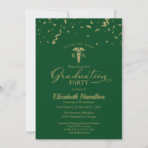 Medical Nursing School Grad Party Gold Green Invitation