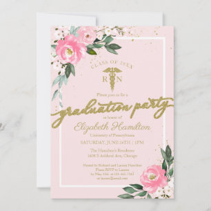 Medical Nursing School Grad Party Pink Floral Invi Invitation