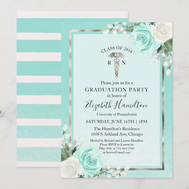 Medical Nursing School Grad Party Teal Floral Invitation (Front/Back)