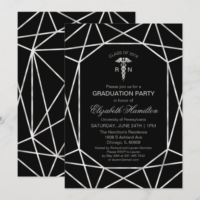 Medical Nursing School Graduation Party Silver Invitation (Front/Back)
