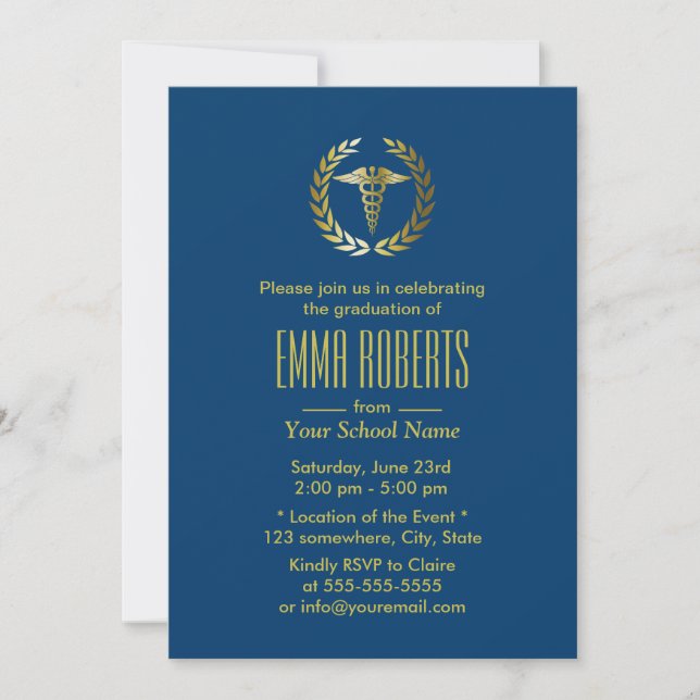 Medical & Nursing School Navy Blue Graduation Invitation (Front)